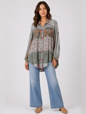 Young Threads Embroidered Patchwork Boho Tunic Blouse Gray Floral Oversized M